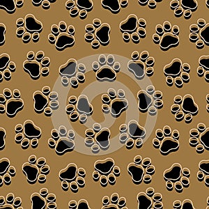 Pet prints. Paw seamless pattern. Gold background for pets, dog or cat. Foot puppy. Shape paw. Footprint pet. Animal track paw. Tr