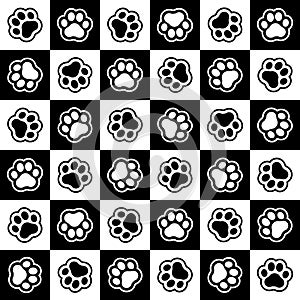 Pet prints. Paw seamless pattern. Repeated background. Paw pets, dog or cat. Repeating puppy foot. Footprint pet. Animal track. Tr