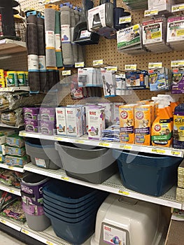 Pet products on shelves for sale at store