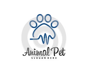Pet Pulse Logo dog cat design vector template. Animals Veterinary clinic Logotype concept outline icon photo