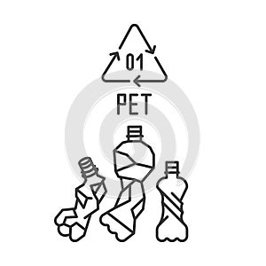 PET recycling. Plastic bottles ready to recycle. Twisted bottles. Plastic recycling vector polyethylene sign. Line