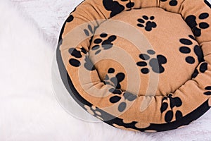 Pet`s paw print on a soft and fluffy dog`s bed on white background