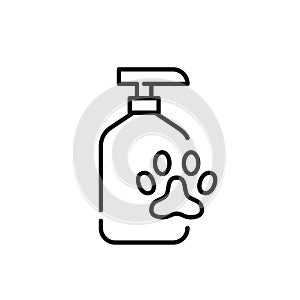 Pet shampoo in bottle with paw. Cat and dog grooming and care. Pixel perfect vector icon