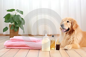pet shampoo, towel and brush on a wooden table