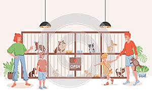 Pet shelter or animal shop vector flat illustration. Family choosing domestic pet to buy or shelter in family.