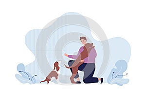 Pet shelter care and volunteering concept. Vector flat people illustration. Man volunteer hug dog in shelter. Animal cage, puppy