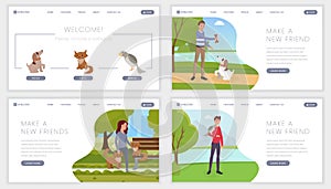 Pet shelter landing page templates set. Make new friend, find canine companion motto, slogan for abandoned animals care