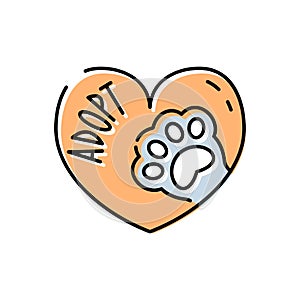 Pet shelter line icons, animal paw in heart shape, vector illustration