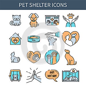 Pet shelter line icons collection, minimalistic design of cats and dogs rescue symbols, vector illustration