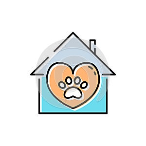 Pet shelter, pet shop, veterinary line icon, house and paw in heart shape, vector illustration