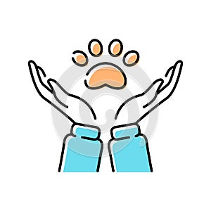 Pet shelter, pet shop, veterinary line icon, human hands holding animal paw, vector illustration