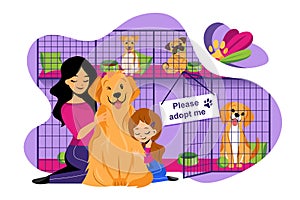 Pet shelter vector flat illustration. Adoption of homeless animals concept. Mom and daughter adopt cute dog from shelter