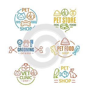 Pet Shop Badges or Labels Color Line Art Set. Vector
