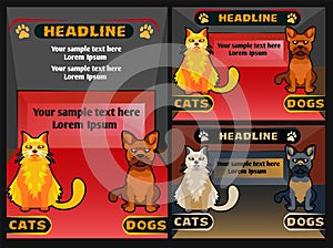 Pet shop banner with cat dog, vector cartoon illustration