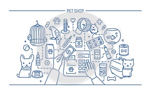 Pet shop contour banner with animals and meds selling. Horizontal contour line art vector illustration.