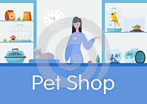 Pet shop counter interior with female worker seller.