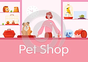 Pet shop counter interior with female worker seller.