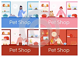 Pet shop counter interior with male and female worker seller.