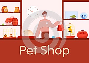 Pet shop counter interior with male worker seller.