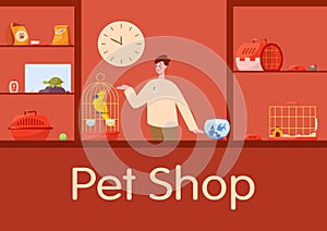 Pet shop counter interior with male worker seller.