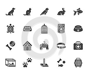 Pet shop flat glyph icons set. Dog carrier, cat scratcher, bird cage, rabbit, fish aquarium, pets paw, collar vector
