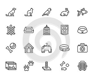 Pet shop flat line icons set. Dog carrier, cat scratcher, bird cage, rabbit, fish aquarium, pets paw, collar vector