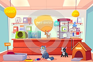 Pet shop with home animals, petshop supermarket