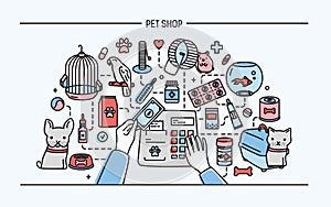 Pet shop horizontal banner featuring animals and meds selling.