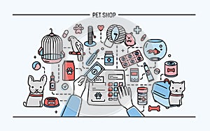 Pet shop horizontal banner featuring animals and meds selling. photo