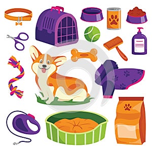 Pet shop icons set. Dog goods vector cartoon illustration. Animal food, toys, care and other stuff photo