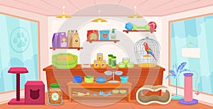 Pet shop interior. Cartoon room indoor zoo store, pets shopping inside or domestic animal house, small petshop home