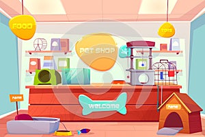 Pet shop interior, domestic animal store with desk