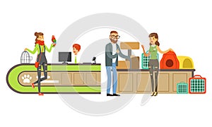 Pet Shop Interior with Seller and People Buying Animals, Feed, Accessories for their Pets Vector Illustration