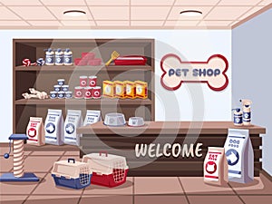 Pet shop interior. Shelves with animal care products, food for dogs and cats. Store interior vector illustration