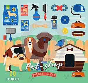 Pet shop items set. Vector grooming icon. Illustration of accessories, toys, goods for care of pets. Flat