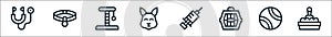 pet shop line icons. linear set. quality vector line set such as cat box, tennis ball, pet carrier, injection, rabbit, scratching