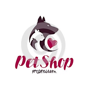 Pet shop logo. Animal shelter, dog, cat, parrot icon or label. Lettering vector illustration