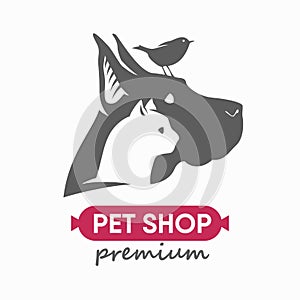 Pet shop logo. Animals cat, dog, bird icon. Vector illustration