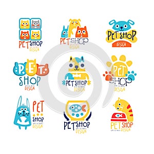 Pet shop original label design, colorful hand drawn vector Illustrations