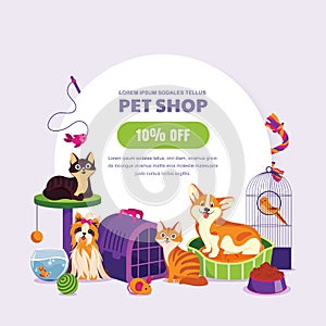 Pet shop poster or banner design template. Vector cartoon illustration of cats, dogs, aquarium fish and canary