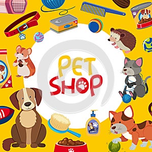 Pet shop poster design with many pets and accessories