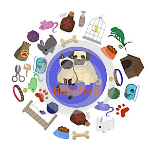 Pet shop poster design with many pets and accessories vector illustration