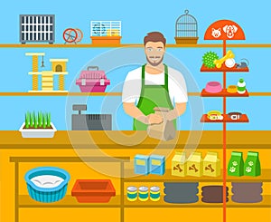 Pet shop seller at counter in store flat illustration