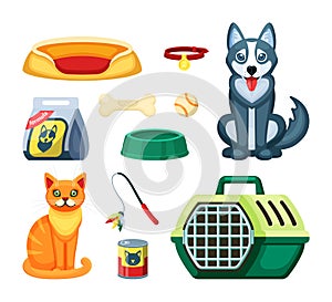 Pet shop set. Assortment for cat and dog, toy, white ball, rubber bone, canned and dry food with a plastic green feeder