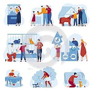 Pet shop store vector illustration set, cartoon flat family owner characters adopt homeless animals in shelter cage