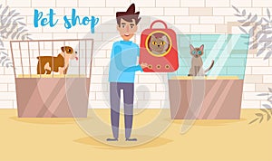 Pet shop Vector. Cartoon. Isolated art. Flat Cat show Man