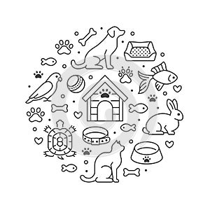 Pet shop vector circle banner with flat line icons. Dog house, cat food, bird, rabbit, fish, animal paw, bowl