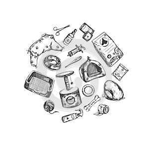 Pet shop. Vector Hand drawn collection. Isolated objects on white.