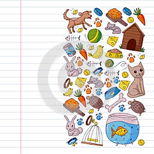 Pet shop. Vector illustration with animals, dog, cat, fish, Colorful background with kitten, bird, puppy. Veterinarian