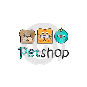 Pet shop vector logo template, outline color dog, cat, bird